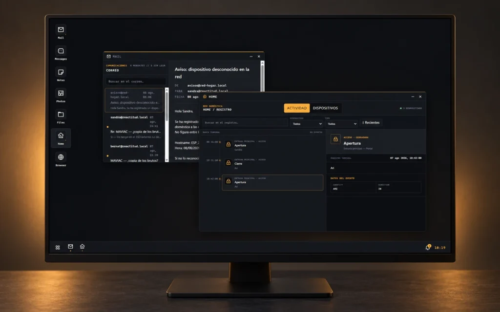 Presentation mockup of churritOS on a dark desktop monitor, showing the existing Mail and Home windows from case 03:17.