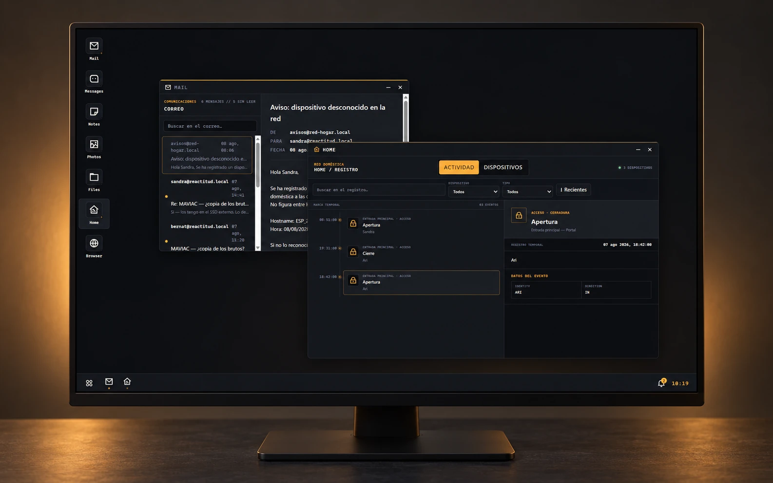 Presentation mockup of churritOS on a dark desktop monitor, showing the existing Mail and Home windows from case 03:17.