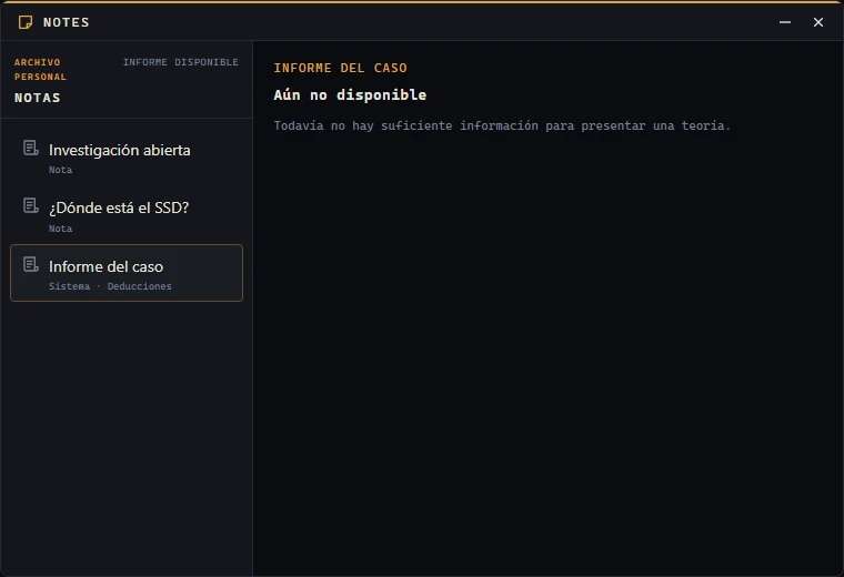 Notes shows the case report waiting for enough evidence before the player can submit a theory.