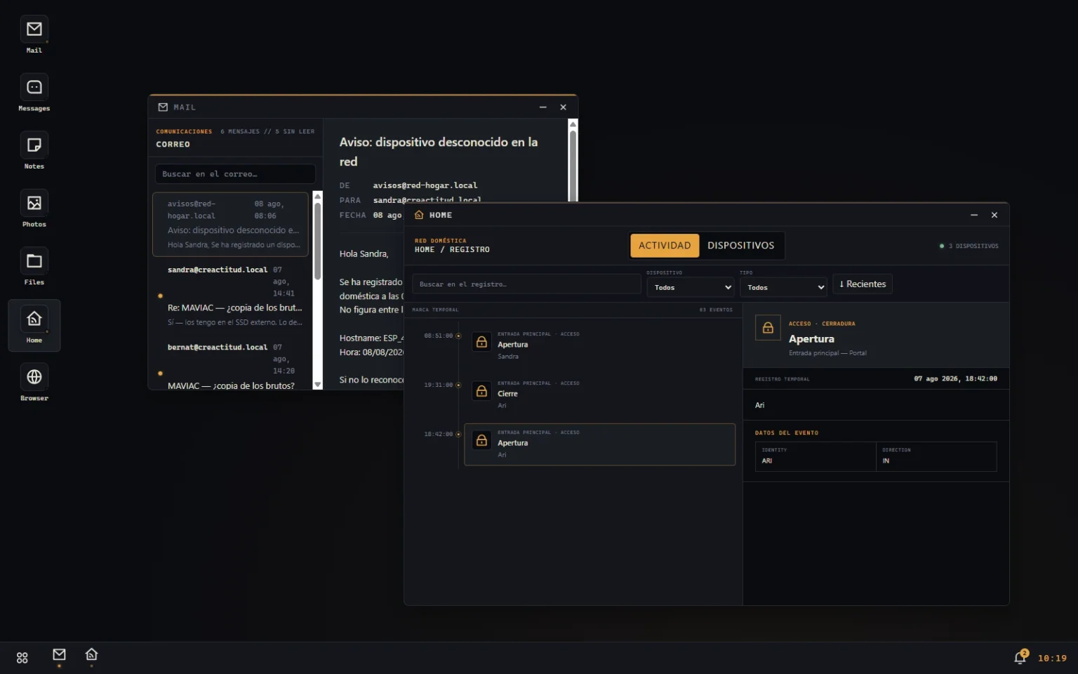 The churritOS desktop with Mail and Home windows open during case 03:17.