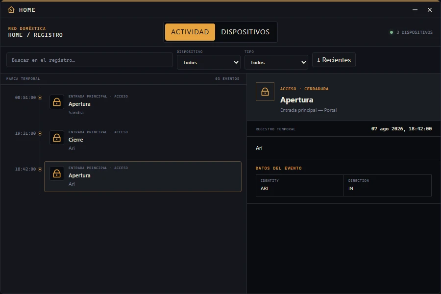 Home displays timestamped domestic access events and the details of a selected entry.