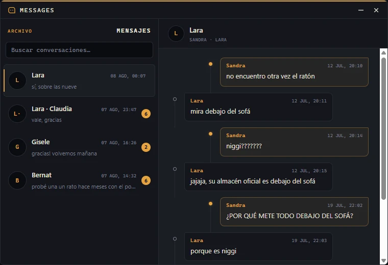 Messages shows a conversation with Lara alongside the searchable conversation archive.