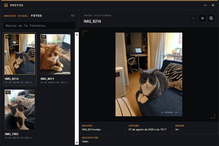 Photos displays an image from the first case beside its visual archive and metadata.