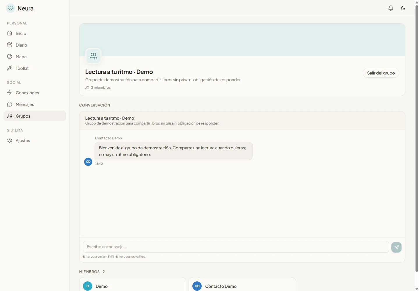 Screenshot of Neura: a shared space at a slower pace.