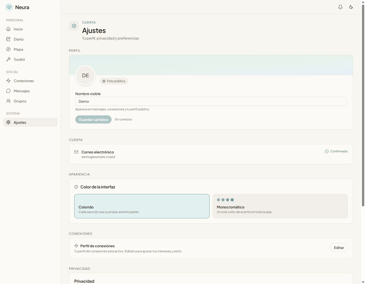 Screenshot of Neura: privacy and notification settings.