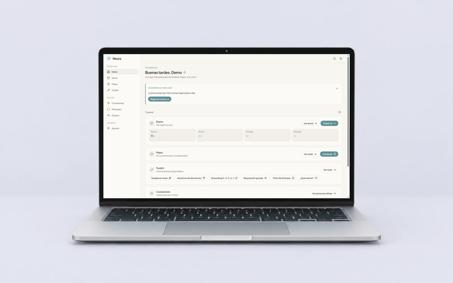 The real Neura dashboard displayed on a straight laptop against a clean neutral background.