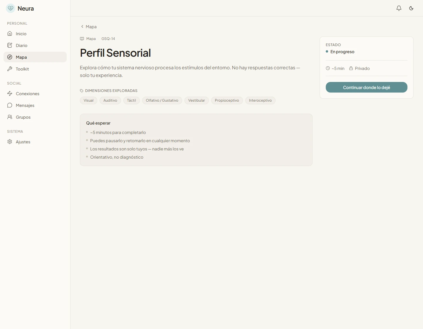 Screenshot of Neura: before starting a questionnaire.