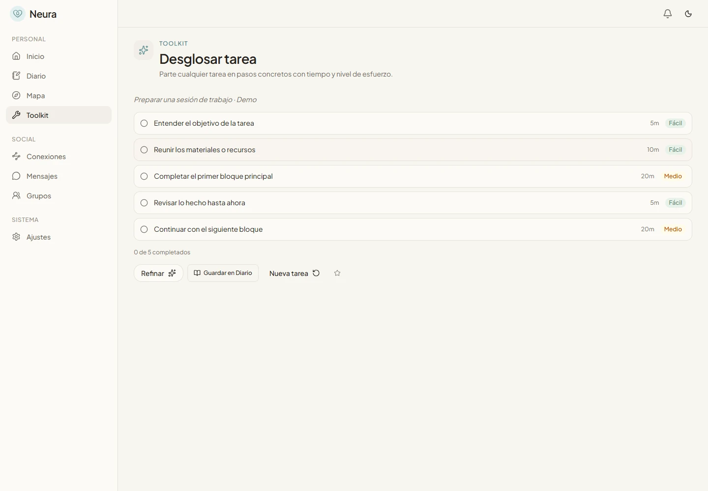 Screenshot of Neura: task breakdown without a model dependency.