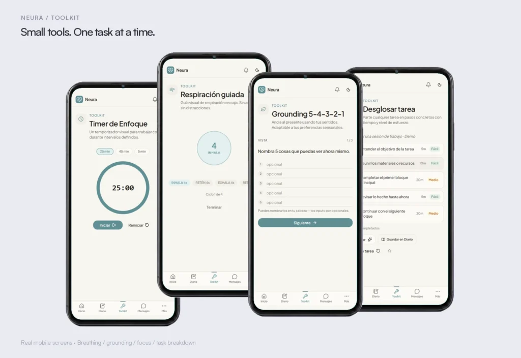 Four straight phones at different heights, overlapping to show Neura breathing, grounding, focus timer and task breakdown.