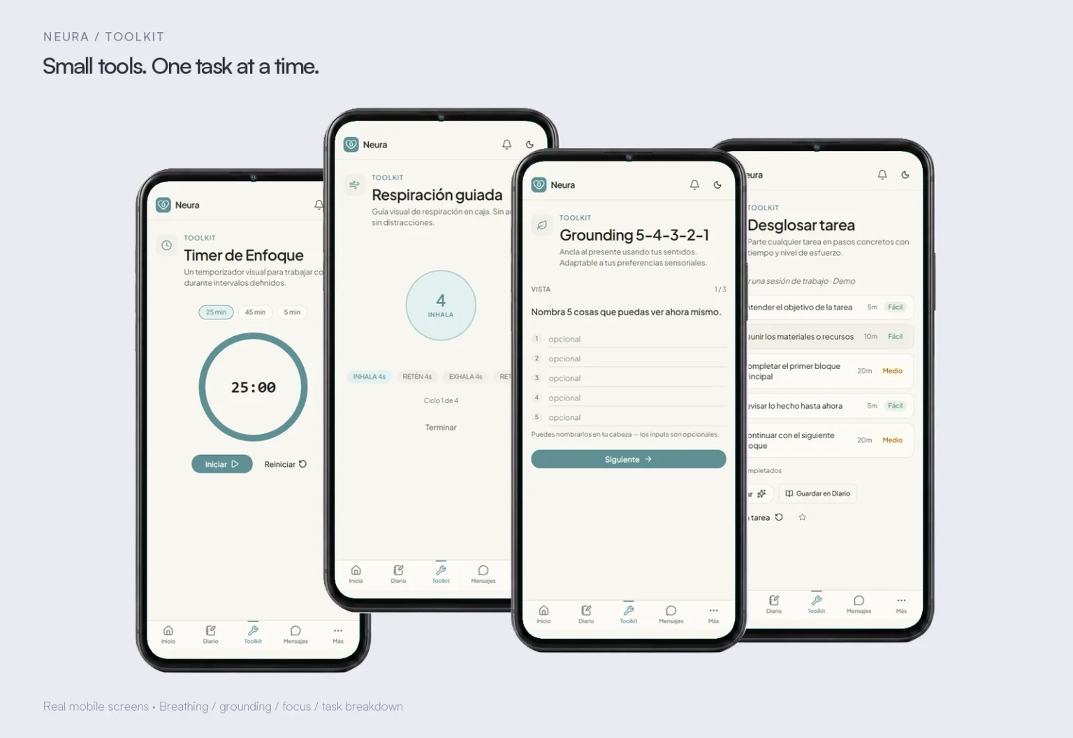 Four straight phones at different heights, overlapping to show Neura breathing, grounding, focus timer and task breakdown.